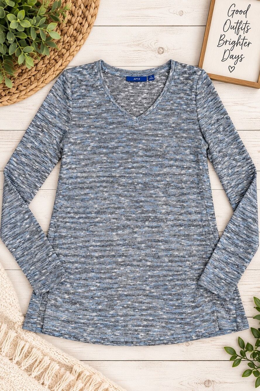 Apt. 9 Women’s Small Blue Gray Marled V Neck Long Sleeve Tunic Top Side Slits